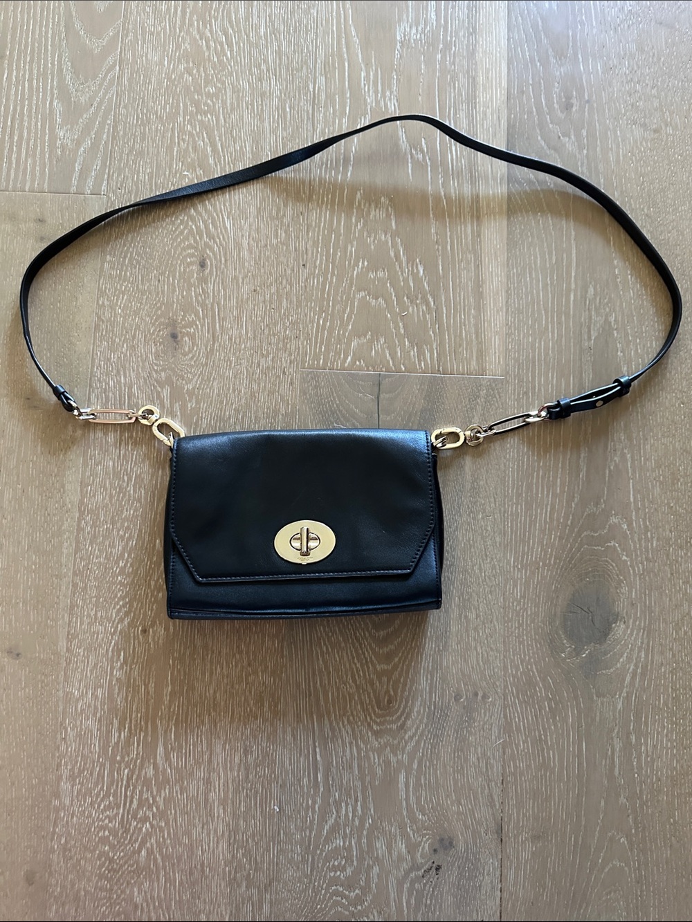 Coach Black Leather Crossbody Bag with Gold Turn-Lock